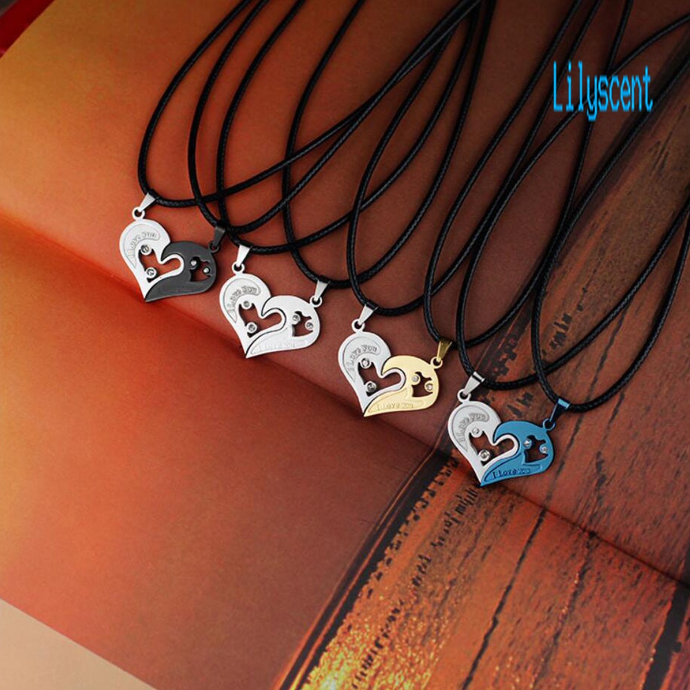 2pcs / Set Kalung Liontin Bentuk Hati Aksen Berlian Imitasi Untuk Pasangan