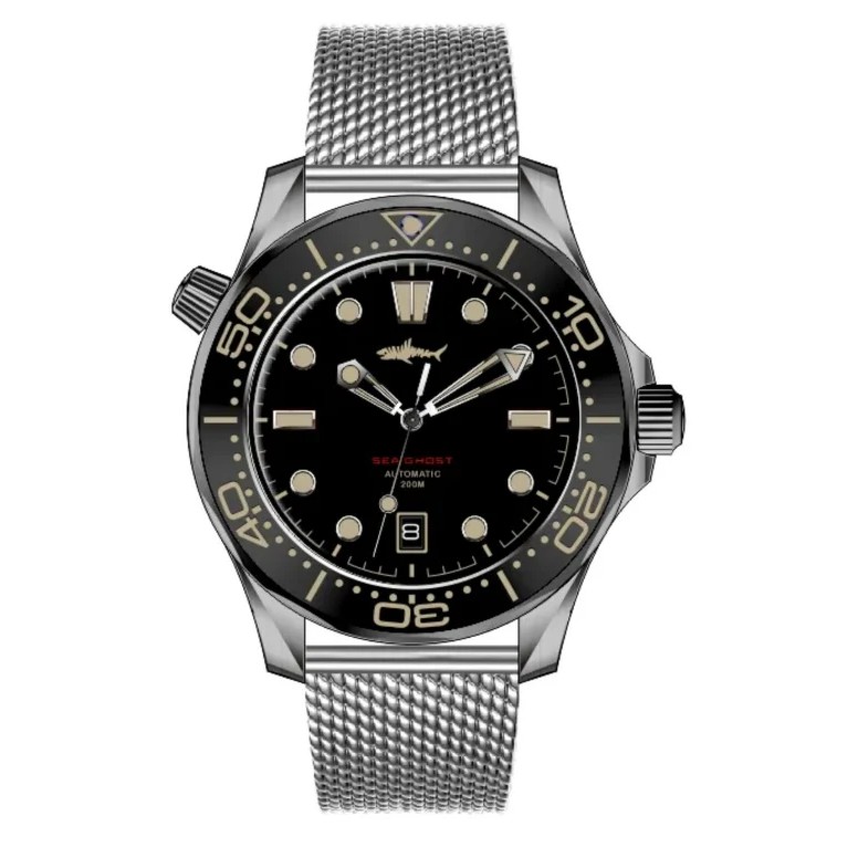 Heimdallr Sharkey Sea Ghost 42mm Titanium Case Black Dial on Mesh Bracelet