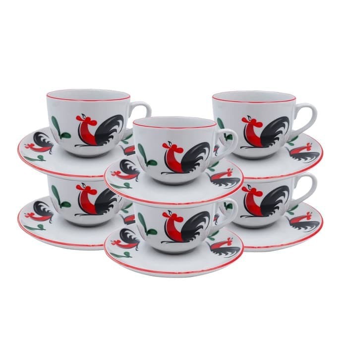 TEA SET KERAMIK JADUL MOTIF AYAM JAGO / COFFEE SET KERAMIK MOTIF AYAM JAGO / CANGKIR TEH KOPI KERAMI