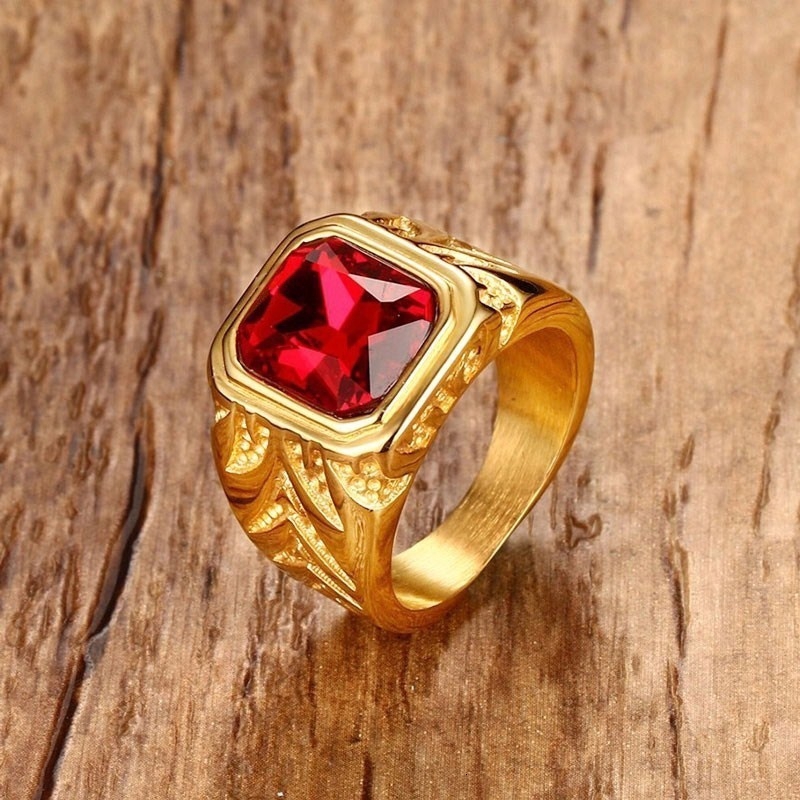 Cincin Stainless Steel Aksen Kristal Zirconia Warna Gold untuk Pria