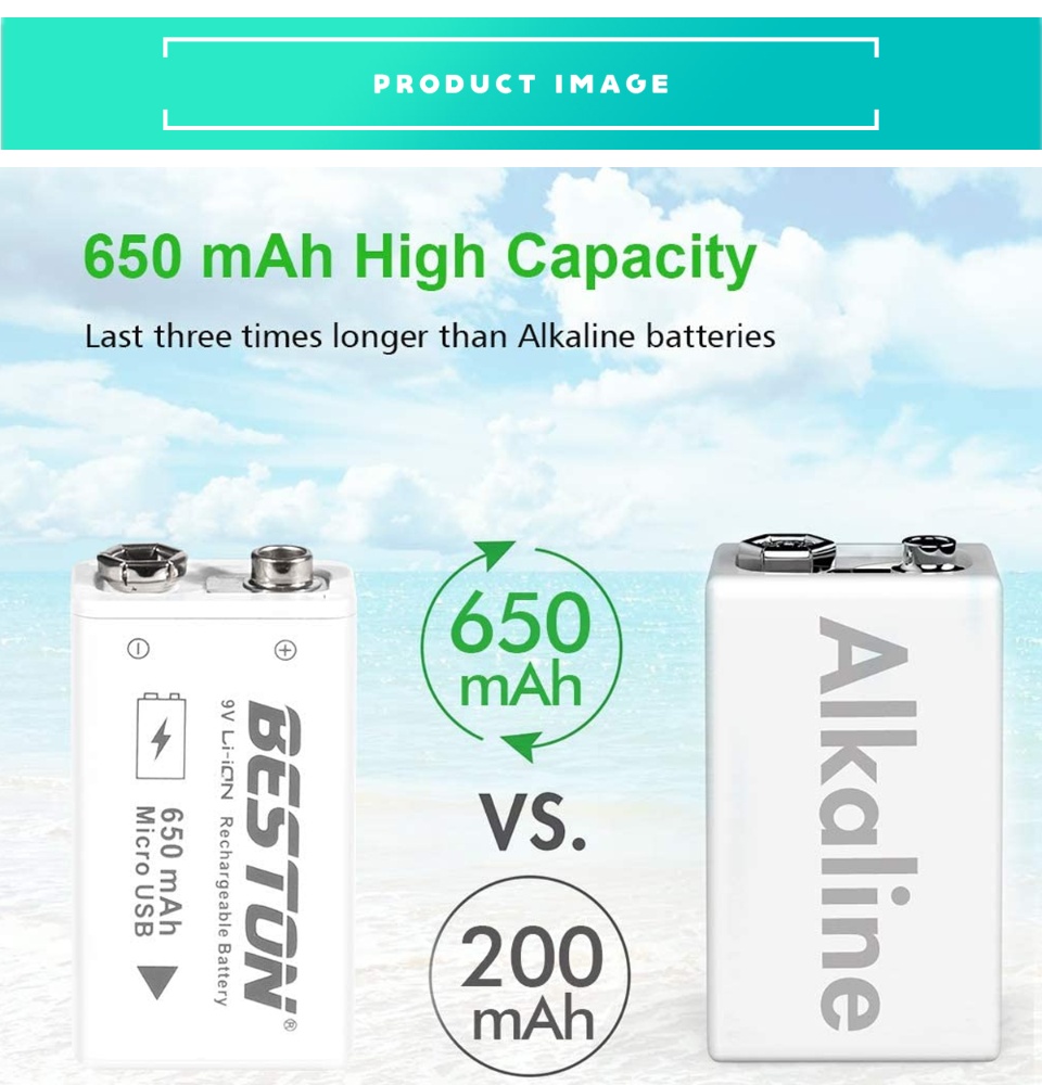 Baterai Isi Ulang BESTON 9V, Baterai Isi Ulang Li-ion 650mAh 9 Volt dengan Pengisian Mikro USB