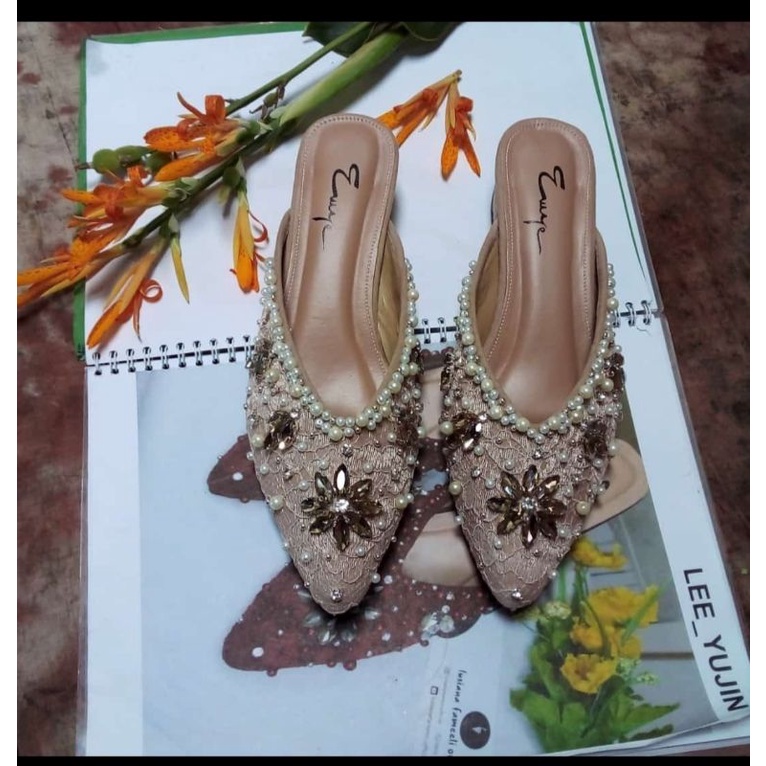 LEE_YUJIN  I heels Sepatu payet  pengantin wanita wedding shoes sepatu kondangan acara formal sepatu wisuda lamaran-Cream mixs gold