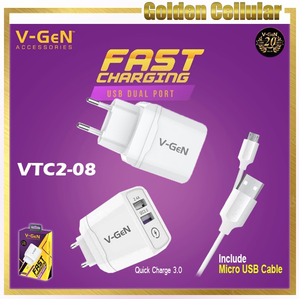 V-GeN Vtc2-08 Fast Charging Adaptor Travel Charger 2 Port USB Vgen