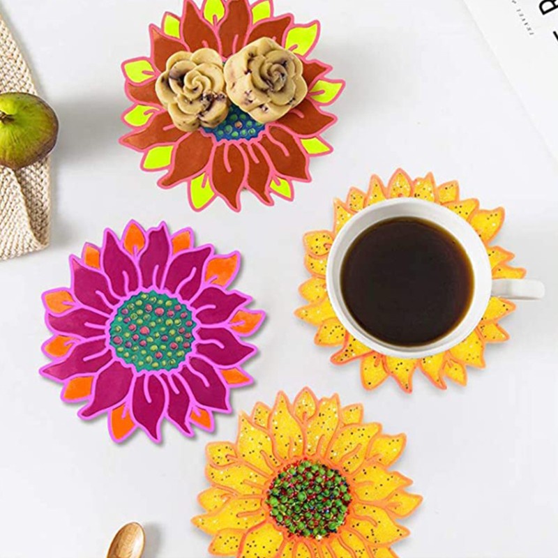 Glitter 5 Pcs Sun Flower Tray Epoxy Resin Mold Serving Plate Casting Silicone Mould DIY Crafts Cup Mat Making Tool