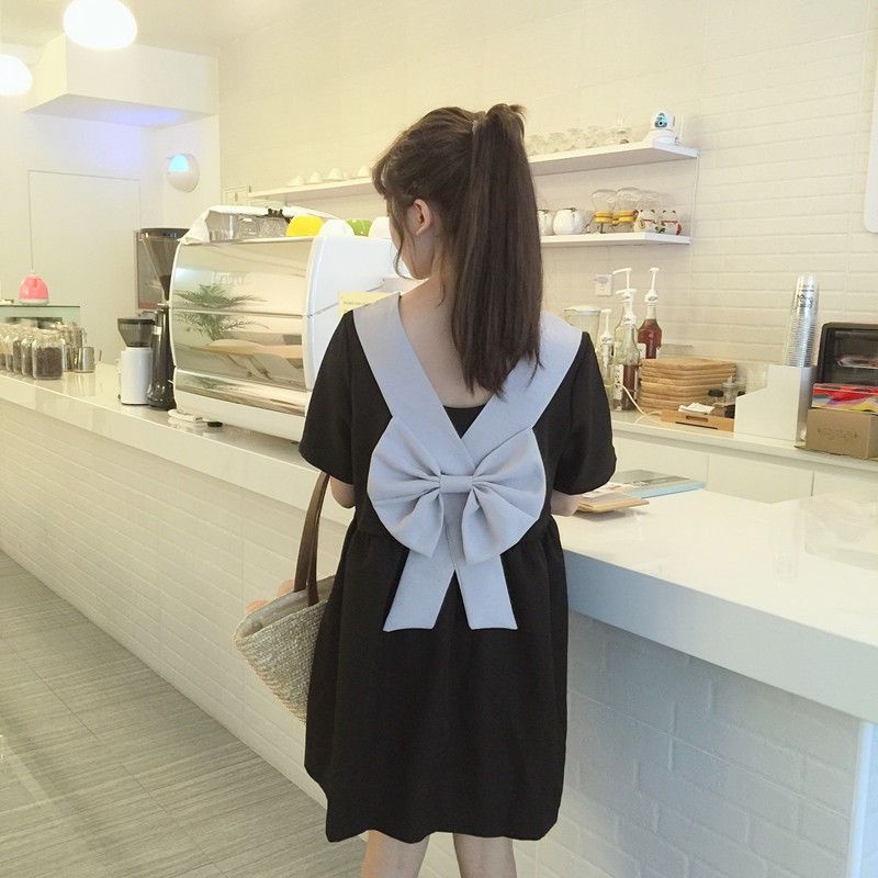 Korean Mini Dress Back Ribbon /Pakaian Wanita Dress Lengan Pendek 1402 [S-XL]