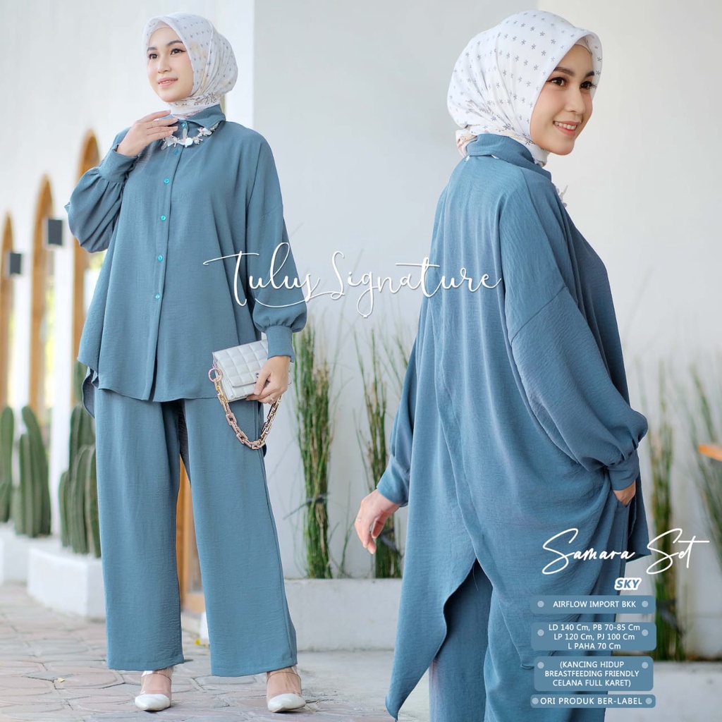 Samara One Set by Tulus Signature Setelan Celana Jumbo Long Tunik Wanita Motif Polos Bahan Crinckle 