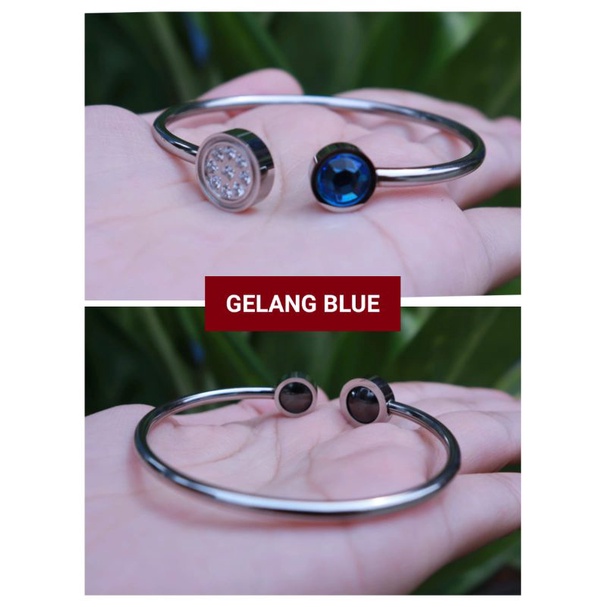 Gelang Titanium Bulat Batu Warna Biru