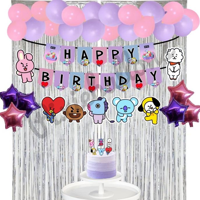 PAKET DEKORASI BT21 BTS ULANG TAHUN BIRTHDAY SET PACK LABEL BACKDROP