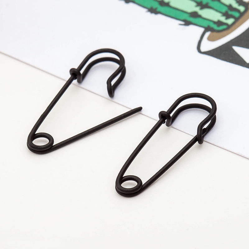 Anting Tusuk Hoop Bentuk Peniti Warna Emas/Silver/Hitam