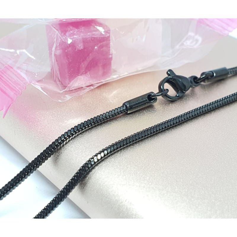 Kalung Titanium Asli Hitam Pria Anti Karat Anti Luntur Premium Kotak Gepeng Holo Tambang Plintiran