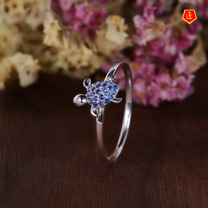 [Ready Stock]Creative Inlaid Sapphire Full Diamond Turtle Ring