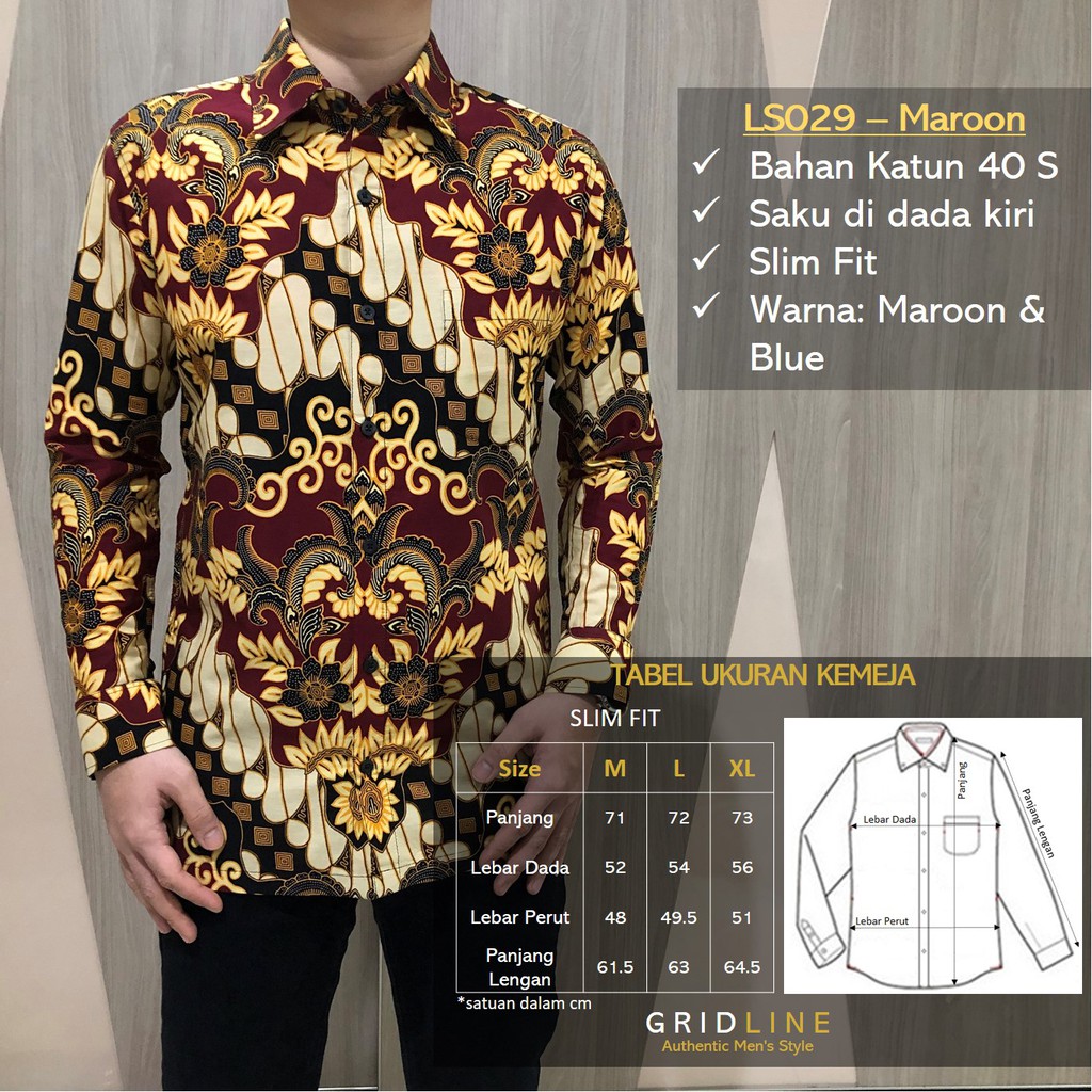 [GRIDLINE - LS029 Blue &amp; Maroon] Kemeja Batik Slimfit Pria Katun Lengan Panjang