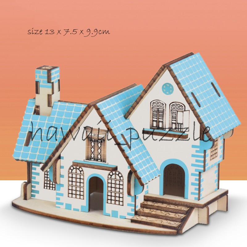 Puzzle 3D DIY bahan kayu model COTTAGE BLUE  / Rumah minimalis mainan puzzle edukasi anak (kado &amp; pa