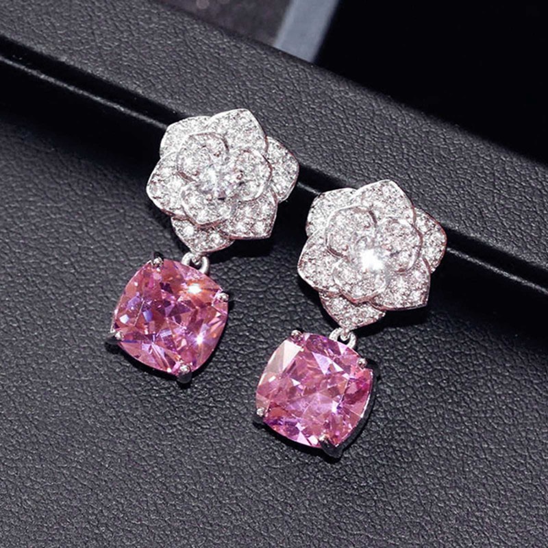 Fancyqube Anting Drop Cubic Zirconia Aaa Bentuk Bunga Mawar Persegi Warna Putih Untuk Wanita