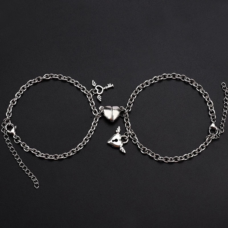 [Featured] 2Pc/Set Love Heart Shape Magnetic Bells Pendants Couples Distance Matching Bracelets / Mutual Attraction Friendship Bracelet