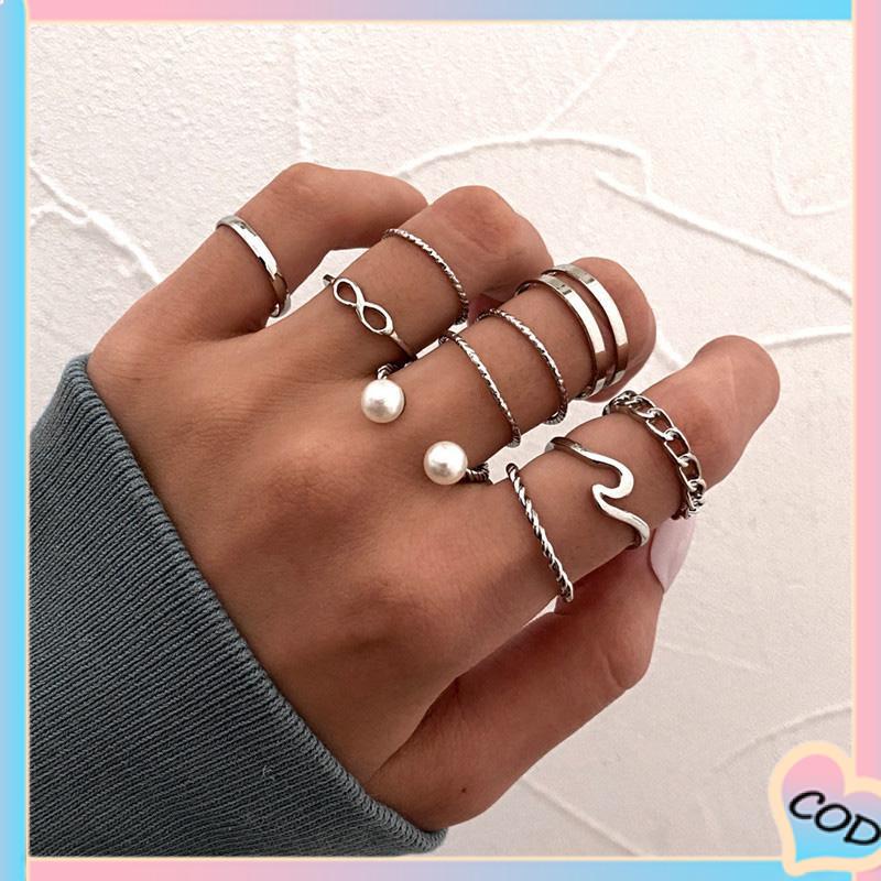 COD❤️10 Buah Set Wanita Kreatif Sederhana Manik-manik Ganda Cincin Gabungan Geometri Gelombang Mutiara-A.one