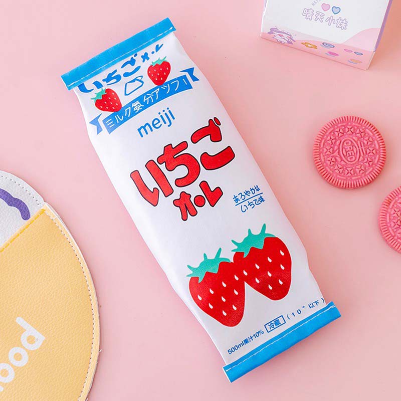 OVERFLOWS.ID Tempat Pensil Unik Milk Cookies Kotak Pensil Bungkus Jajan Ciki Snack-Strawberry Putih