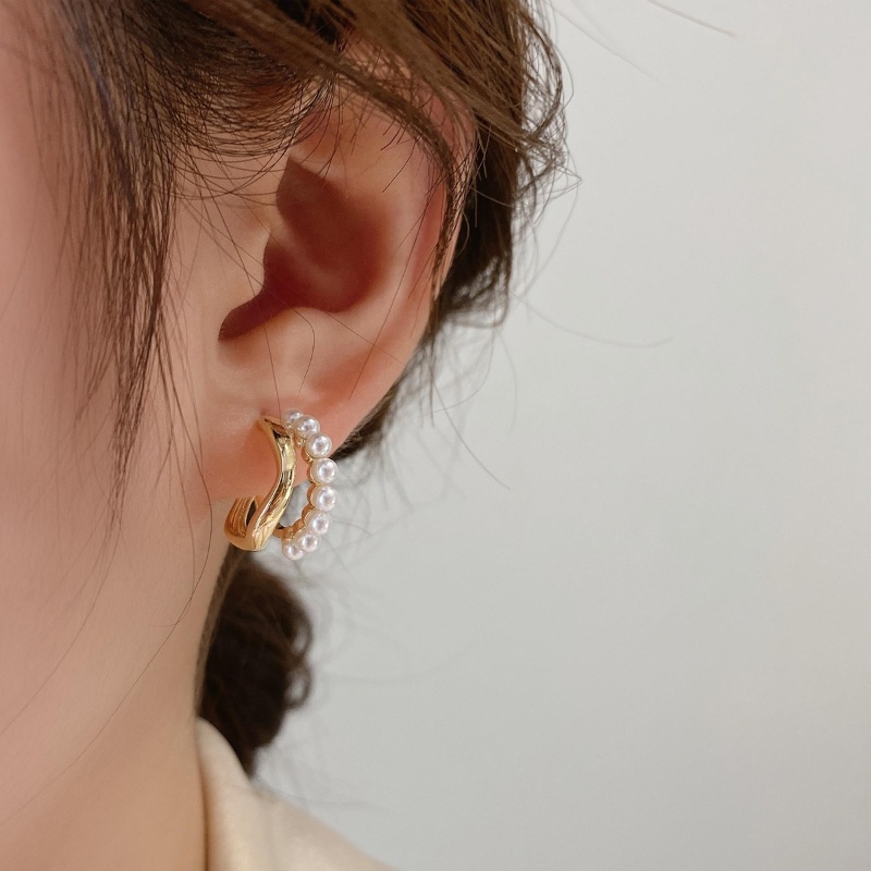 Anting Mutiara Berbentuk C Baris Ganda Sederhana Aksesoris Telinga Korea Wanita