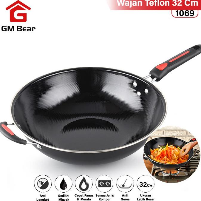 GM Bear Wajan Teflon Gagang Merah 32cm 1069-Wajan Penggorengan Teflon 32cm