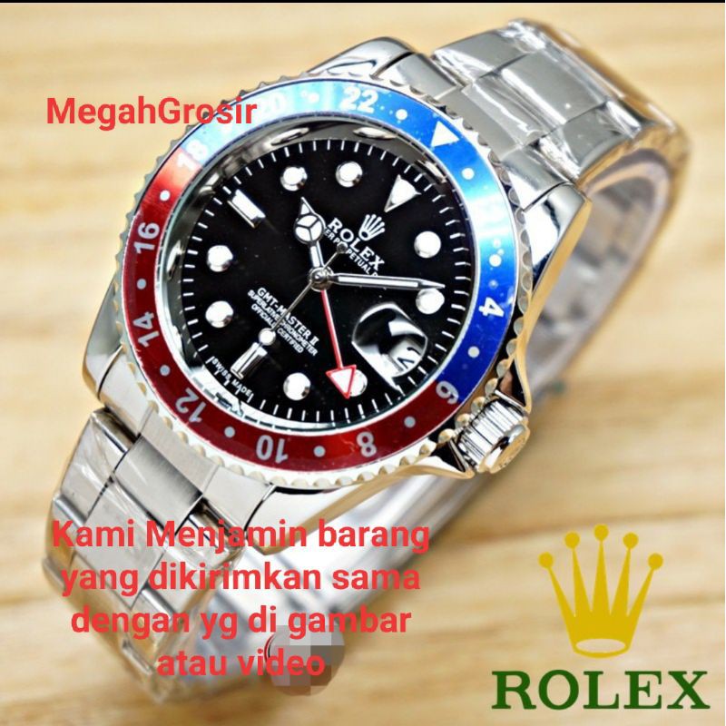 Jam Tangan Pria Rolex GMT Automatic Rantai Silver Merah Biru