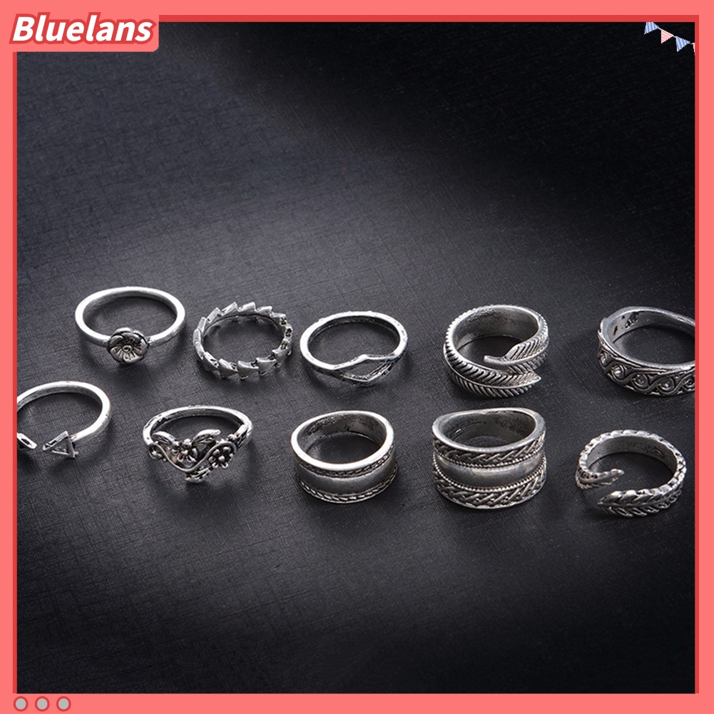 Bluelans 9 Pcs Vintage Women Hollow Carving Flower Leaves Open Band Knuckle Ring Set