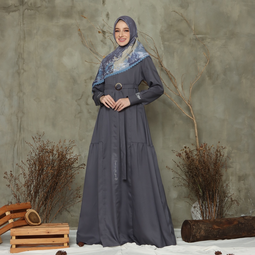 Gamis Basic Sha Twill Premium Kerut Bakel Motif Digital Free Tali Ikat Pinggang/Ring Belt