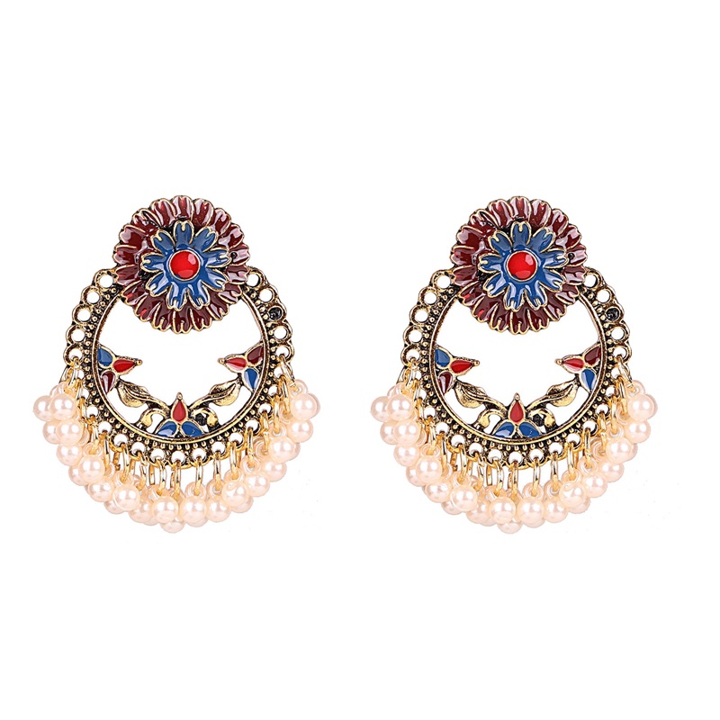 Anting Tusuk Gantung Wanita Desain Bunga Aster Enamel + Mutiara Gaya Indian / Bohemian Handmade Untuk Pesta