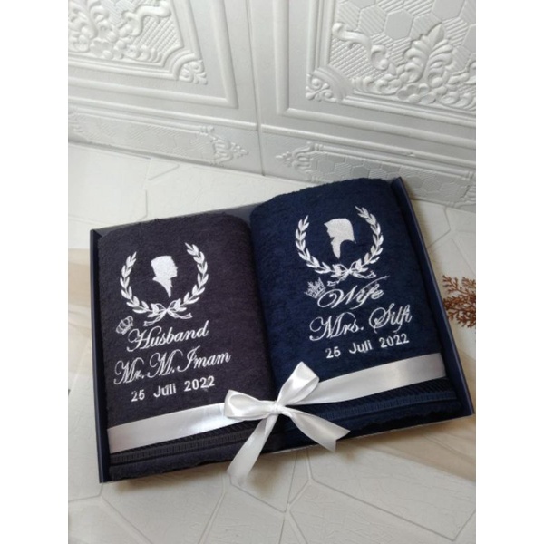 handuk wedding couple gratis bordir nama  tanpa box