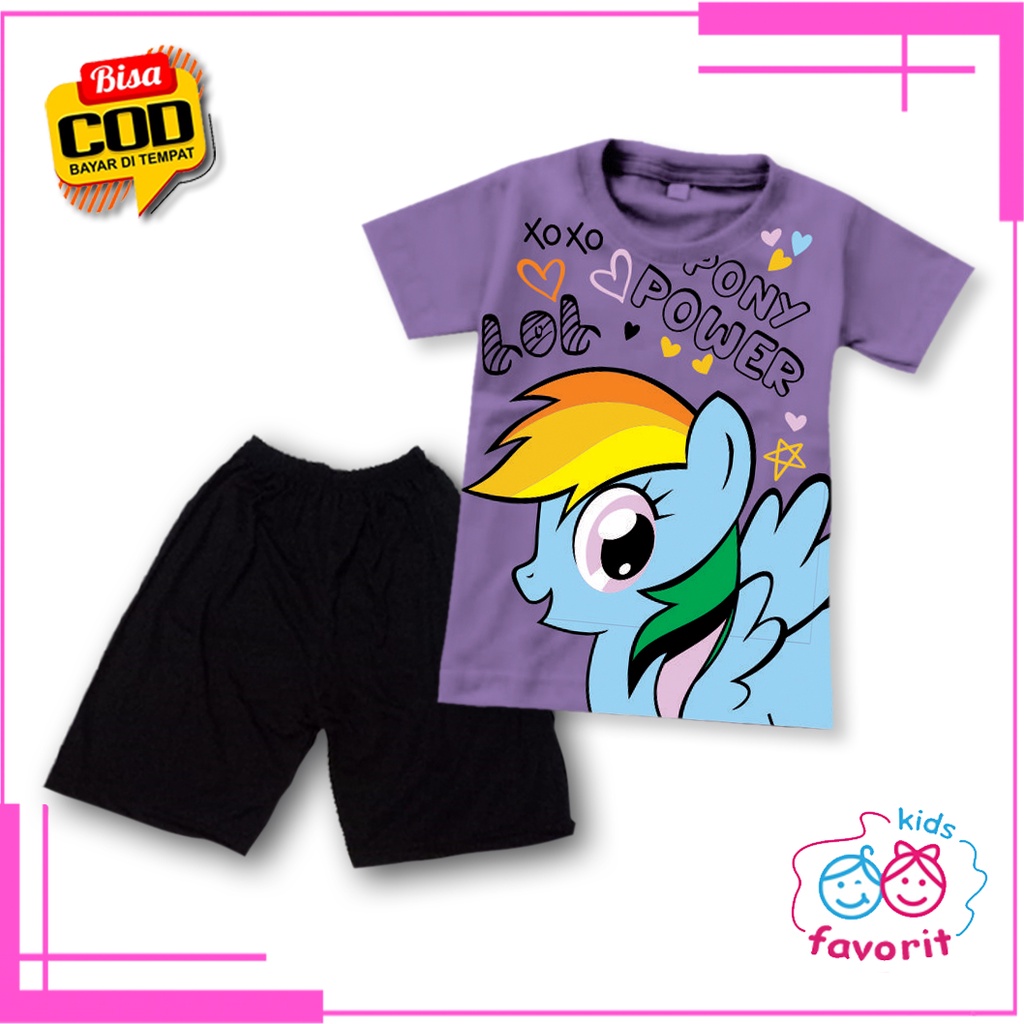 Favorit kids baju setelan anak perempuan motif kuda poni ungu | Set anak cewek ponypower ungu