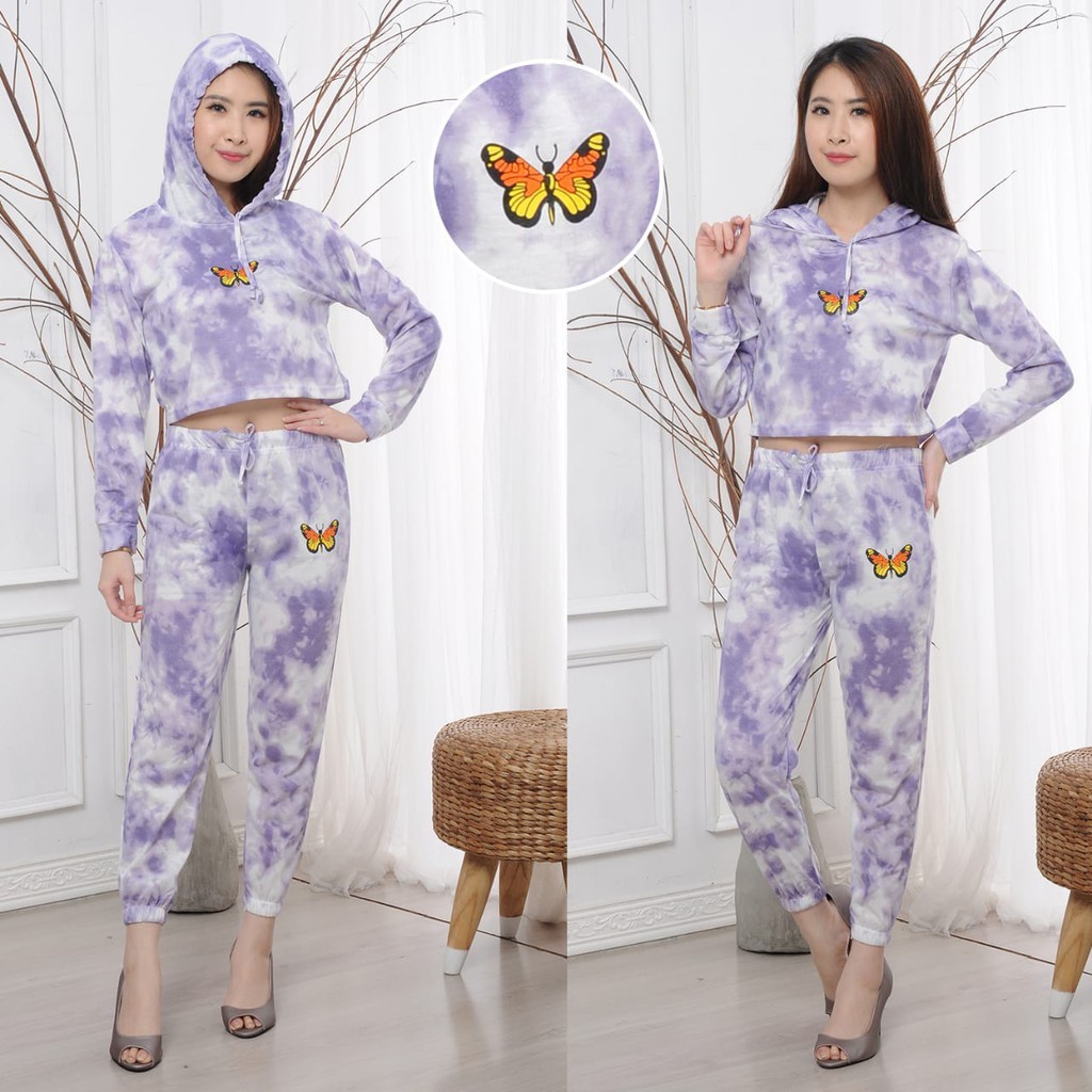 Setelan Wanita Stelan Tie Dye Korea Set Mariposa Crop Top Korean Style Wanita Korea Kekinian Murah