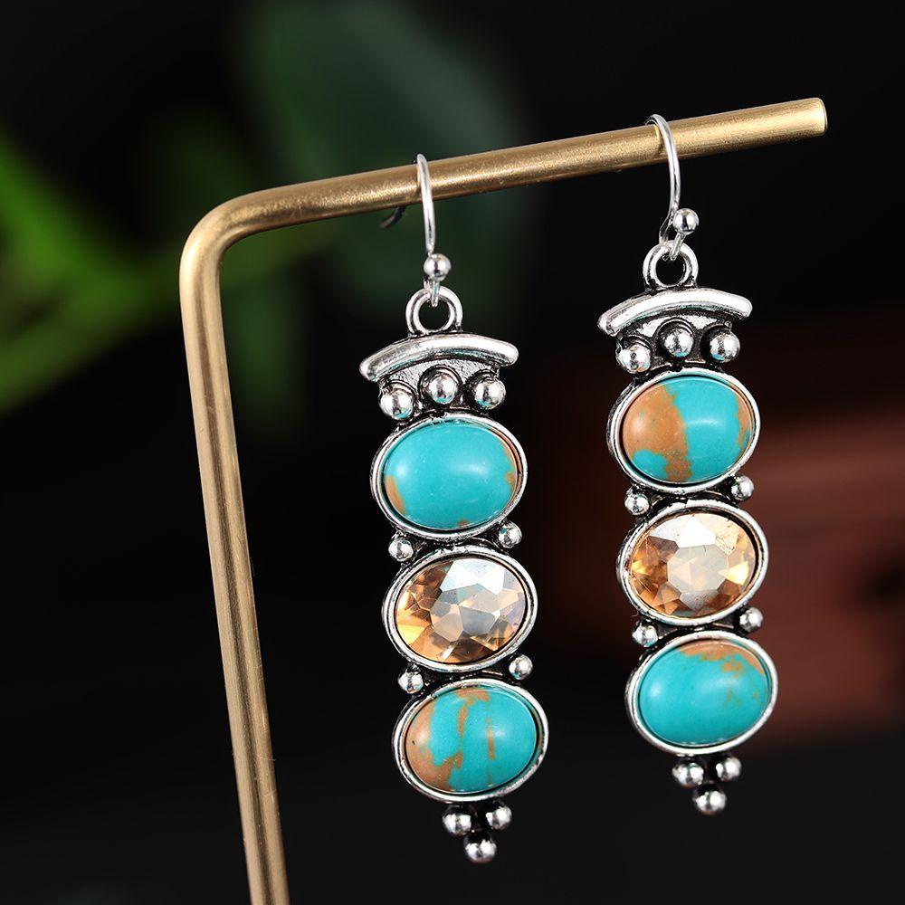 Suyo 1pasang Moonstone Anting Pesona Hadiah Vintage Perhiasan Menjuntai Pertunangan Pernikahan Turquoise