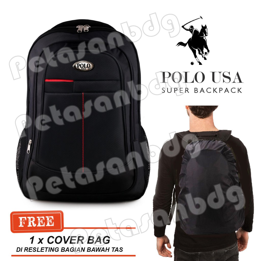 PTS -Tas Ransel Pria Polo USA Black Panther Laptop Backpack + FREE Raincover PTS