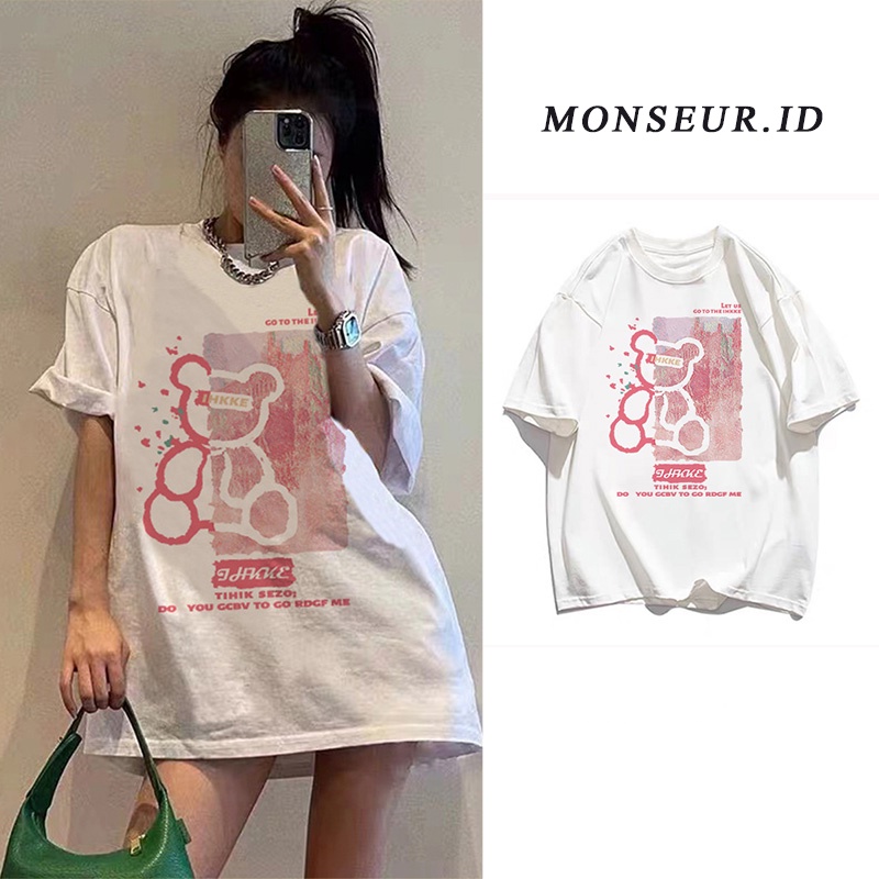 baju kaos wanita lengan pendek/bear printing t-shirt/korea style oversize kaos putih