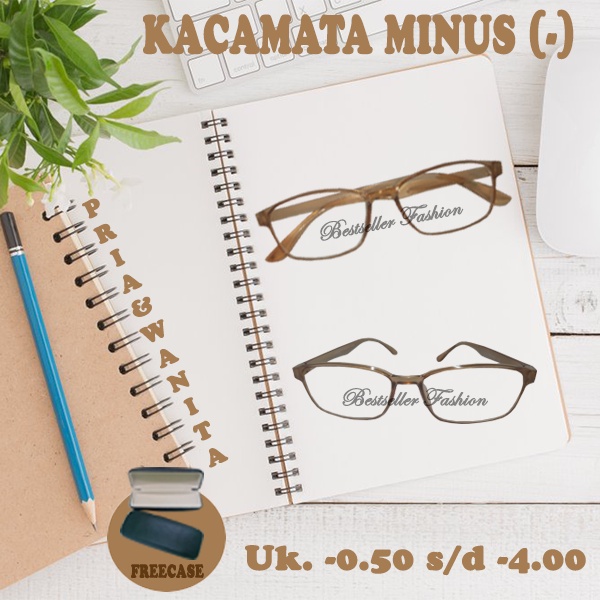 Kacamata Minus Pria Wanita / Warna Coklat Muda / Kaca Mata Lensa Rabun Jauh UNISEX / Ready -0.50 s/d -4.00 Free BOX