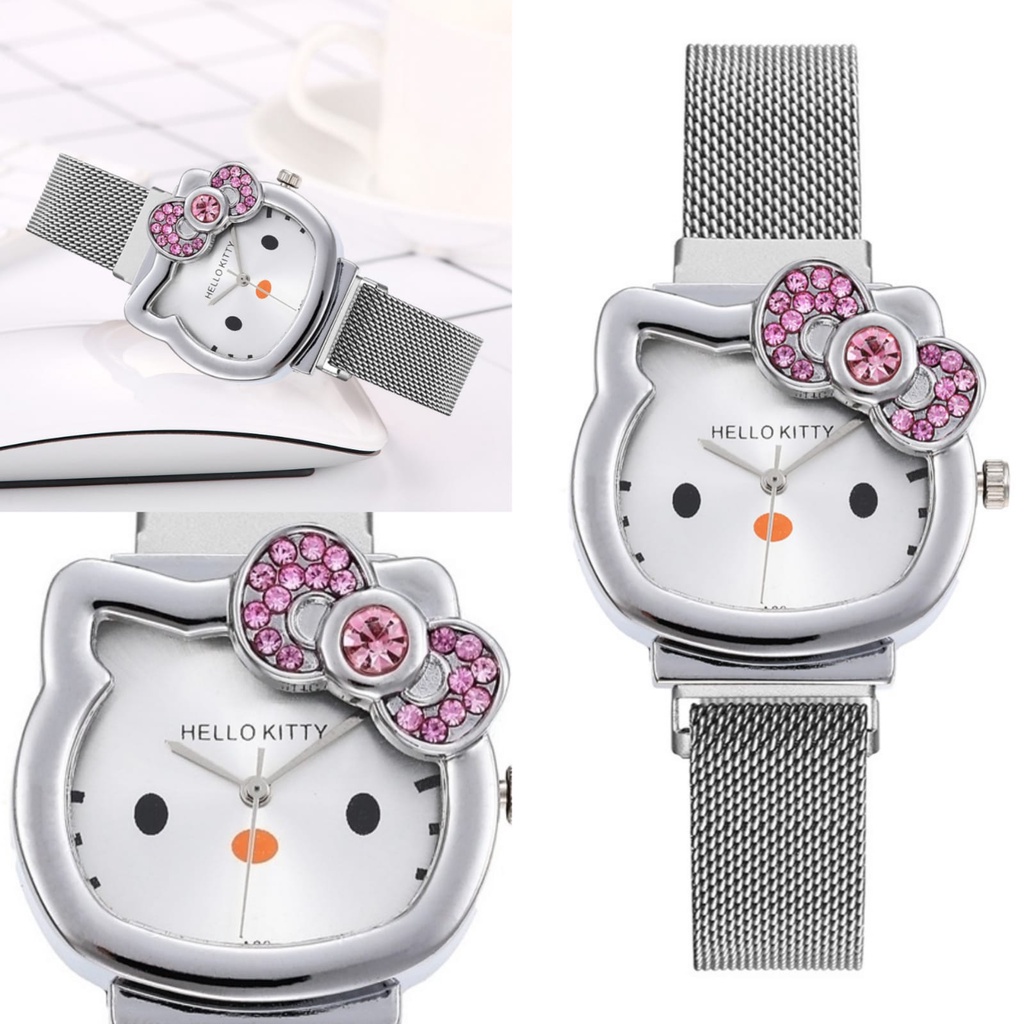 JAM TANGAN WANITA KECIL SILVER RANTAI KITTY STAINLESS JAM100S3 BESI CEWEK MURAH PESTA ORIGINAL IMPORT SIMPLE MEWAH BRANDED KEKINIAN LUCU KOREA