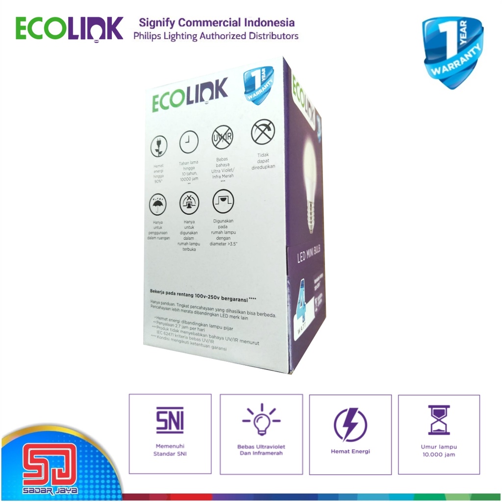 ECOLINK Lampu 4W LED 4Watt Mini Bulb Bohlam 4 Watt P45  - 3000K Warm White Kuning Cerah