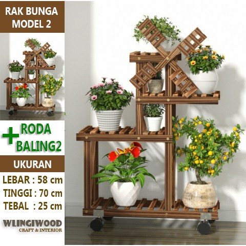 RAK BUNGA KAYU MINIMALIS 4 SUSUN 6 TATAKAN (INCLUDE RODA + baling-baling)