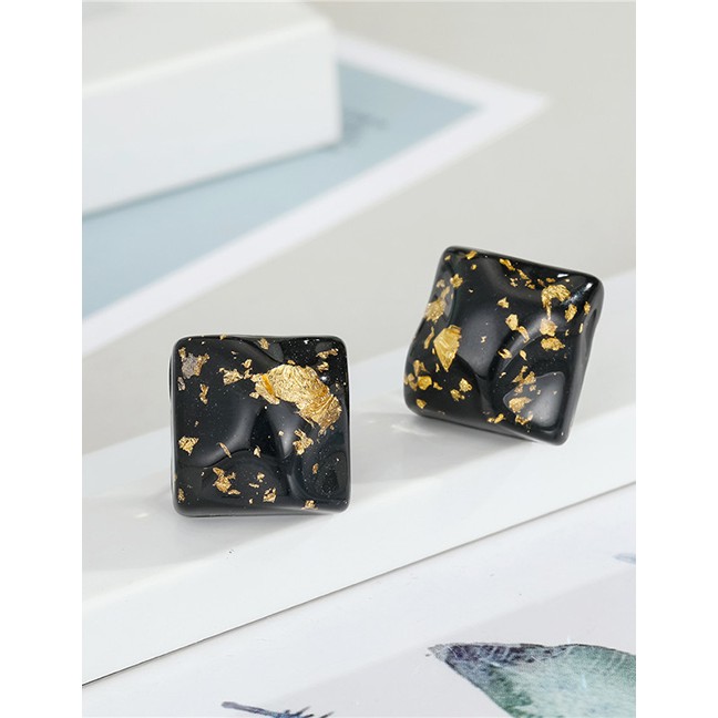 LRC Anting Tusuk Fashion Black Square Gold Leaf Acrylic Irregular Geometric P49720