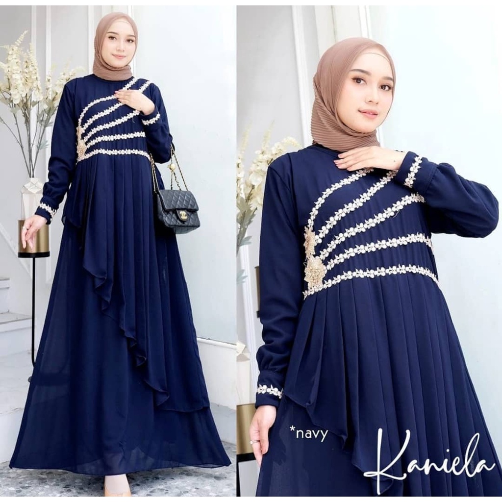 Gamis wanita KANIELA DRESS BAHAN CERUTY BABYDOLL APLIKASI RENDA LD 100 CM Gamis wanita terbaru 2023 Dress wanita kekinian Maxy dress wanita jumbo Baju muslim wanita modern Dress ceruty babydoll premium