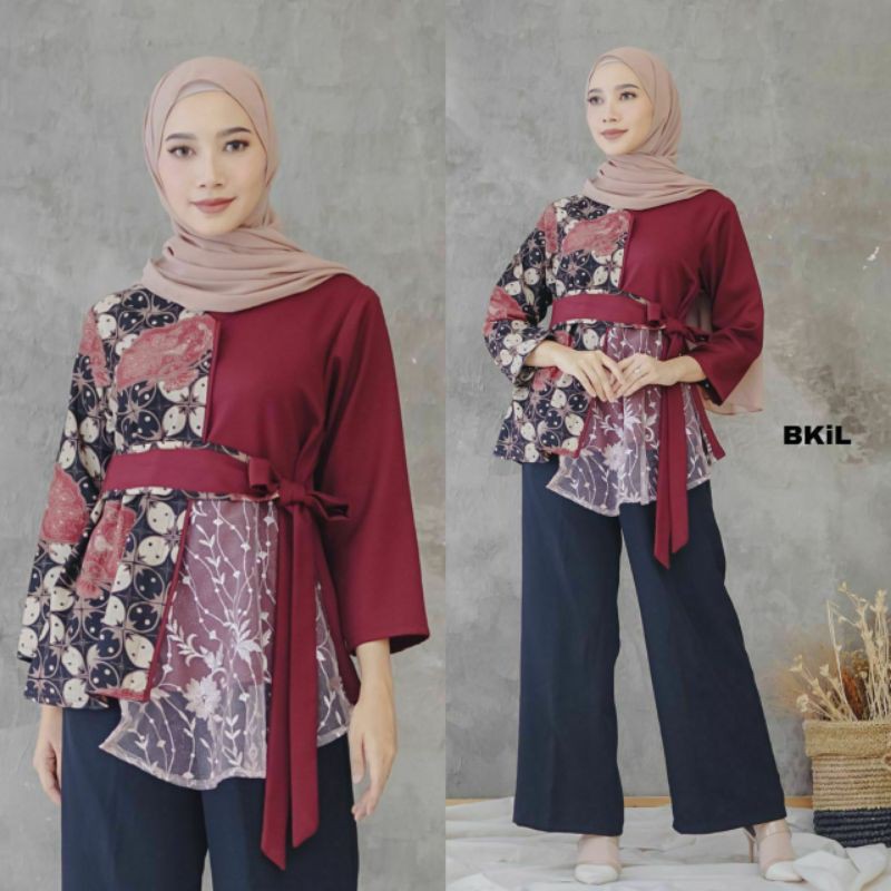 ATASAN BAJU BATIK CEWEK BLOUSE KOMBINASI TILLE MEWAH MODERN RESMI FORMAL KANTOR JUMBO XXL  Merah
