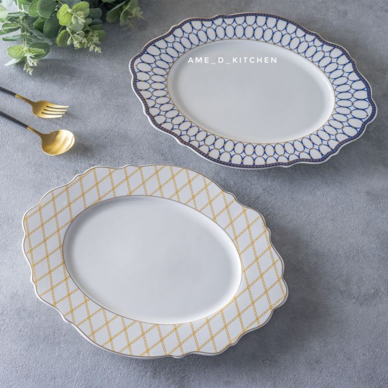 Piring oval keramik besar 14" gelombang motif abstrak