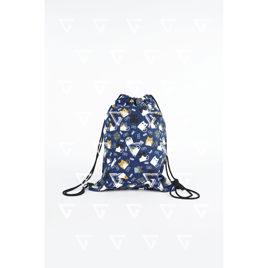 Tas Serut Gymsack Pria Wanita Motif Keren Kanvas Import Korea Kucing Navy