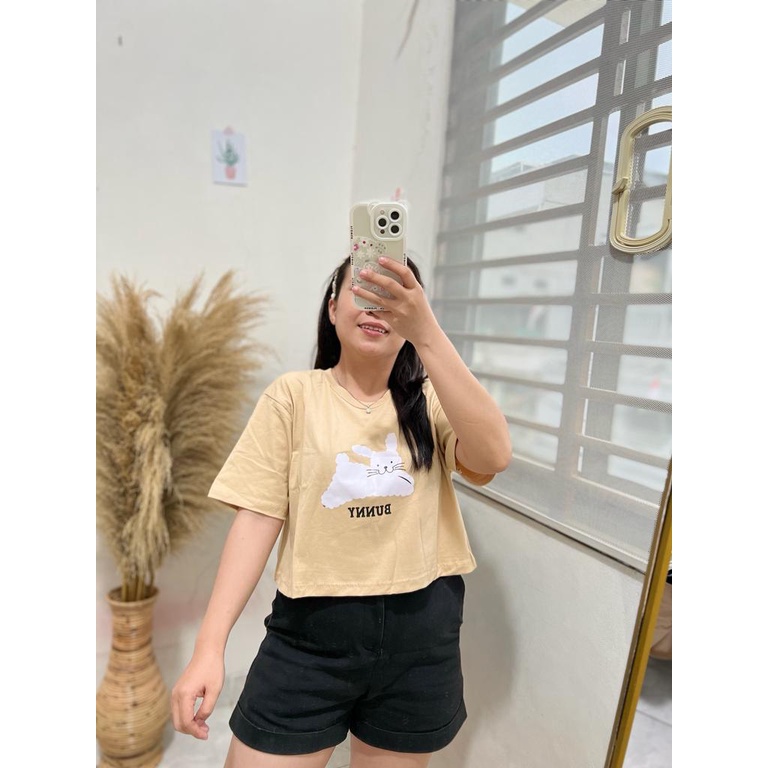 CROP BEIGE MOTIF ONECK COTTON OVERSIZE | BAJU KAOS TUMBLR CROP TEE TSHIRT KAOS KOREA FASHION WANITA