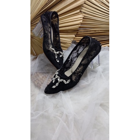 sepatu wanita wedding merisa hitam 7cm kaca