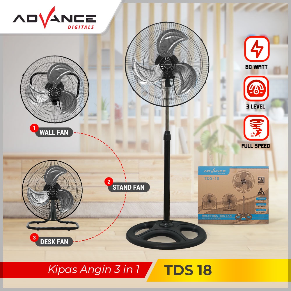 Advance Kipas Angin Besi 18 Inch Kipas Multifungsi 3 in 1 Stand/Desk/Wall TDS-18 Garansi