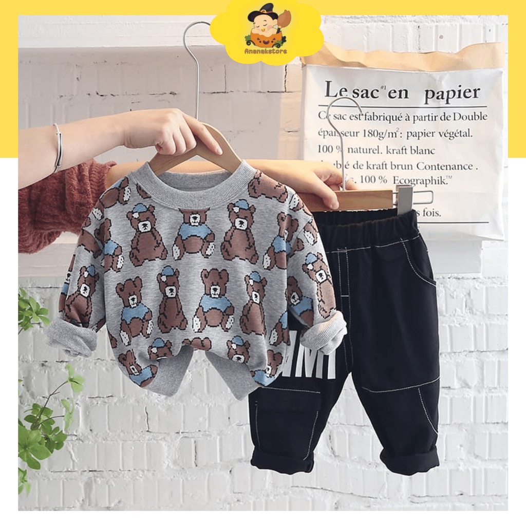 ANANAKSTORE- Setelan panjang anak laki laki MOTIF BEARGREY 0-5 Tahun/Baju baby impor premium LUCU