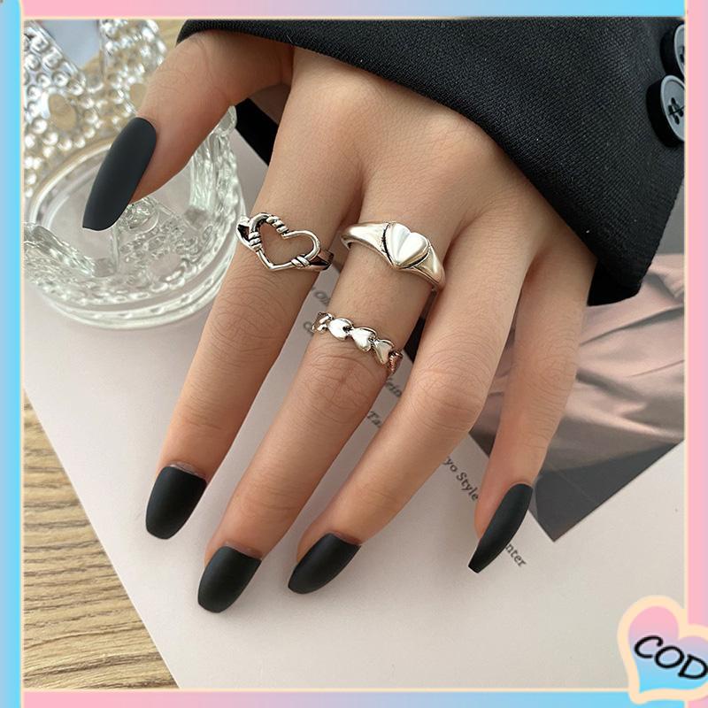 COD❤️3pcs Cincin Model Terbuka Desain Gelombang Hati Warna Silver Gaya Vintage Untuk Wanita-A.one