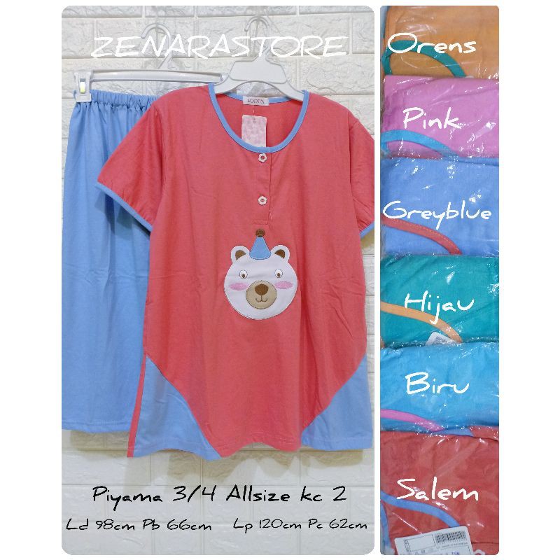 Piyama pendek 3/4 dewasa allsize ld 98cm lorita by sofie kancing 2 babydoll baju tidur kaos tebal le