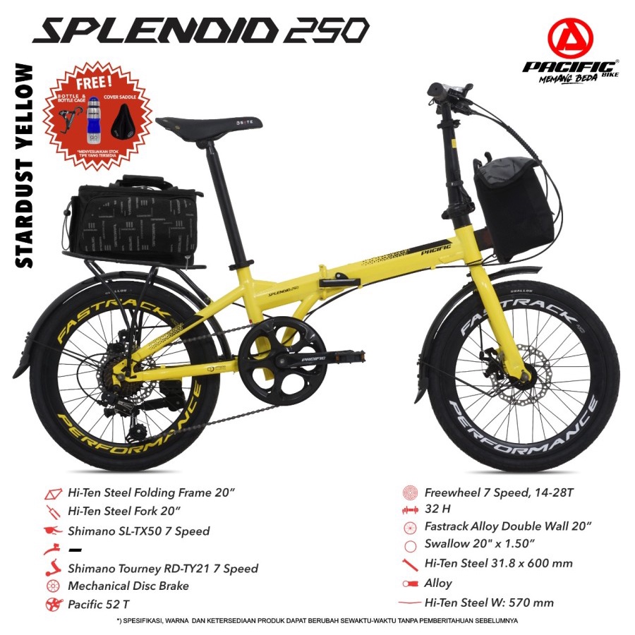 SEPEDA LIPAT PACIFIC SPLENDID 250 20” FRAME STEEL 7 SPEED MECHANIC DISC BRAKE BICYCLE FOLDING BIKE