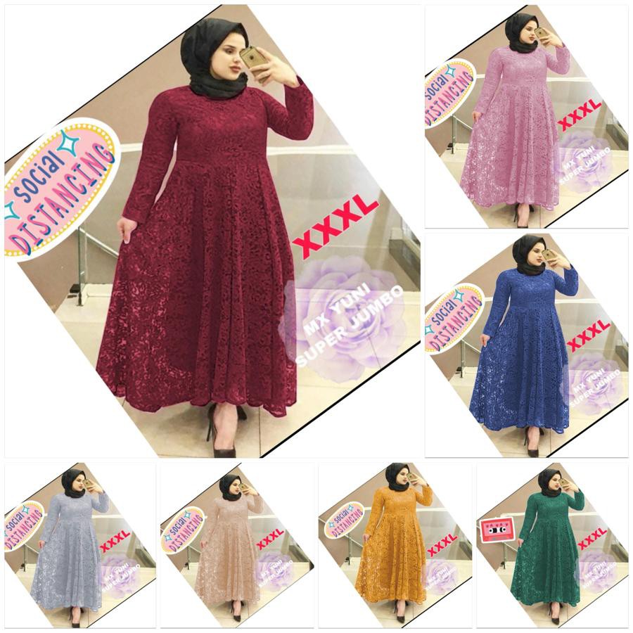 GAMIS YUNI 7 wrn JUMBO XXXL BUSUI BIGSIZE MAXI DRESS MUSLIM BRUKAT TULANG TIMBUL BROKAT CORNELI